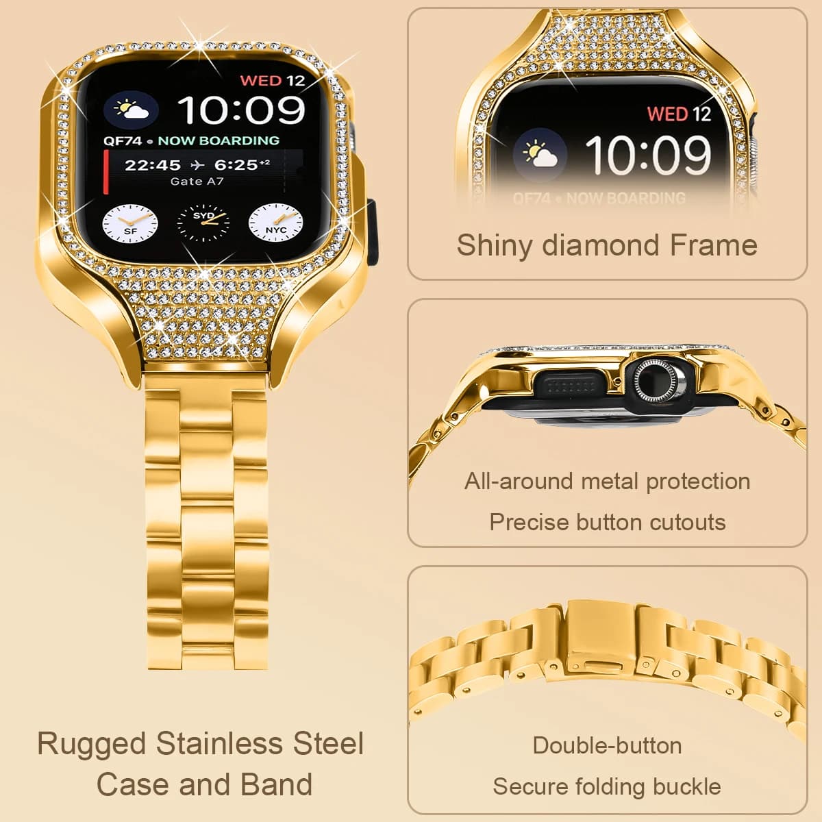 Metal Band+Diamond studded watch case for Apple Watch 41mm 40mm Stainless Steel Wristband IWatch 8 7 6 5 4 3 2 1 SE Bracelet