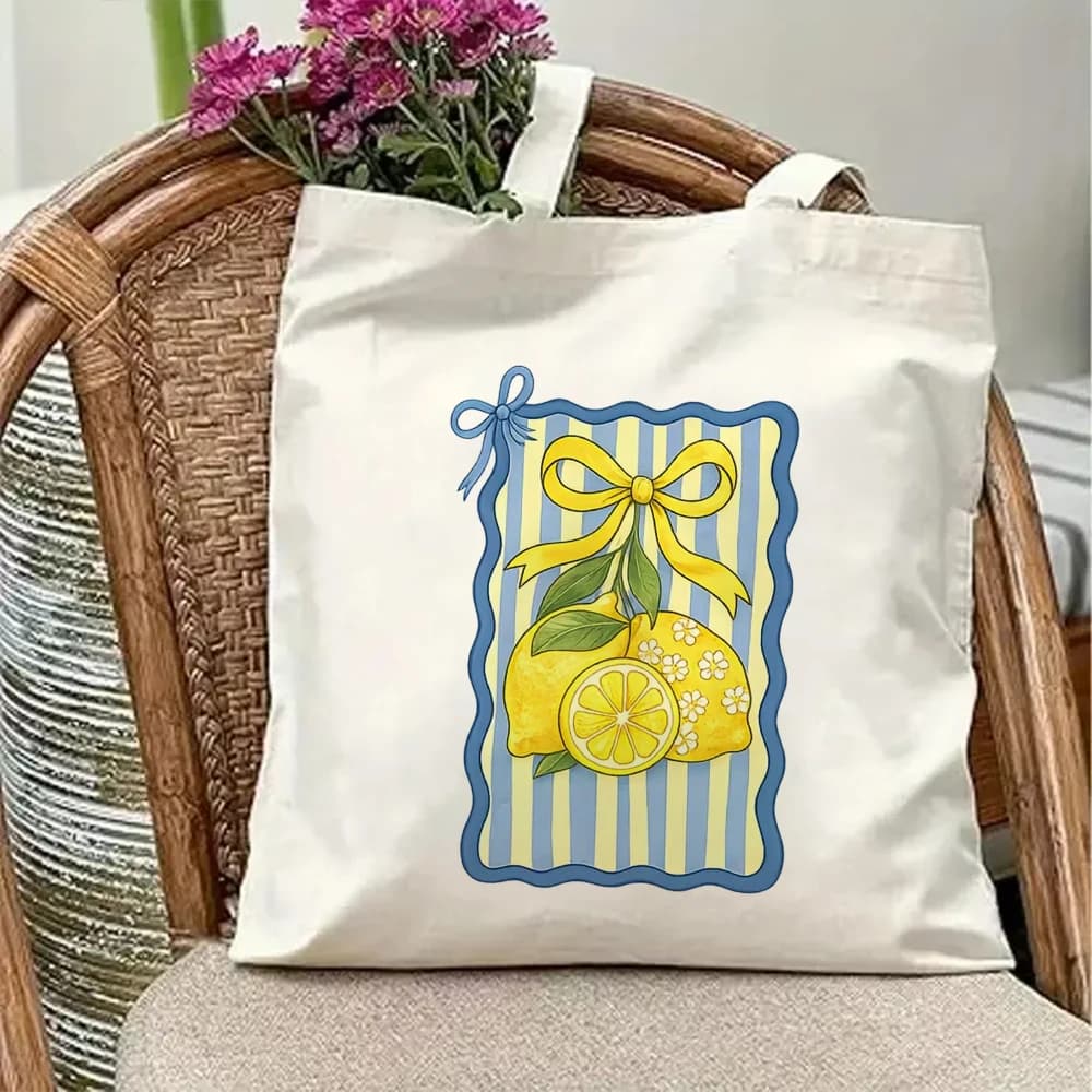 Vintage Mediterranean Lemon Canvas Tote Bag Retro Citrus Fruit Bow Graphic Reusable Coastal Beach Shoulder Handbag
