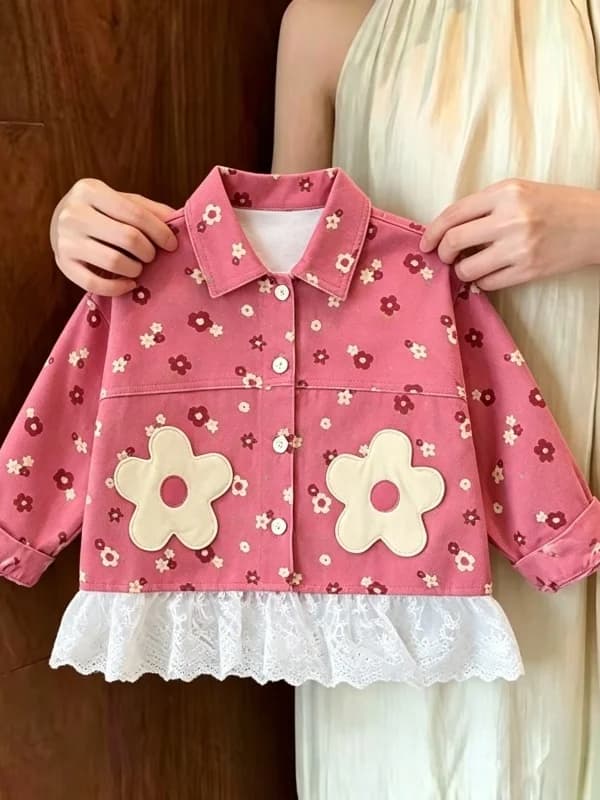 Girls' Lace Splice Casual Long Sleeve Doll Collar Jacket Trendy Autumn 2026 Short Outerwear Loose Fit Button Closure