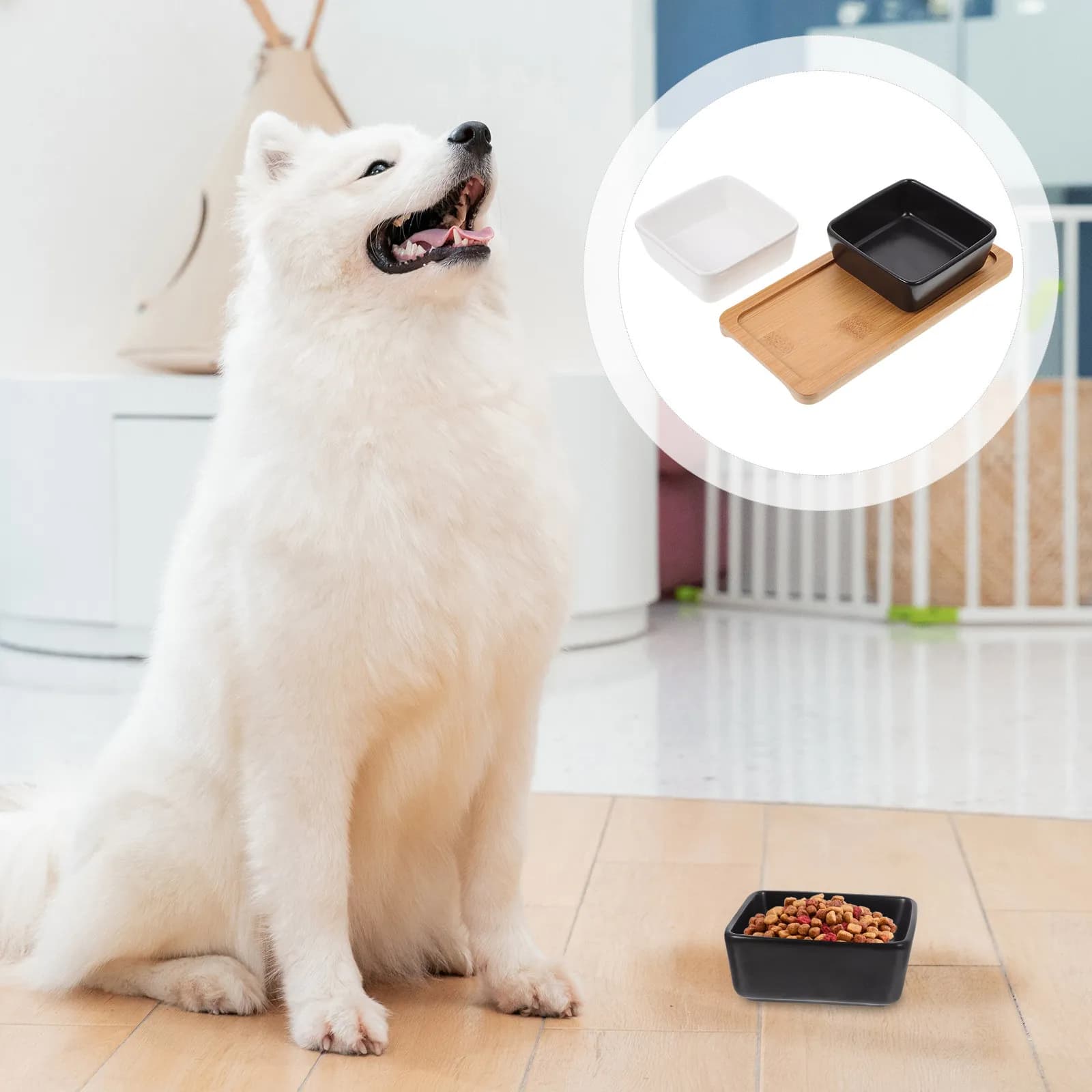 Set di 2 Ciotole per Cani e Gatti con Vassoio in Legno Naturale, Contenitore per Cibo e Acqua, Bordo Liscio, Stabile