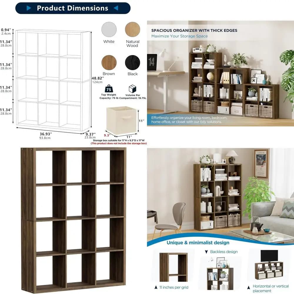 Wooden library organizer with 12 cubes reinforced shelves, 36,93L x 9,37W x 48,82H, suitable for living room, bedroom or