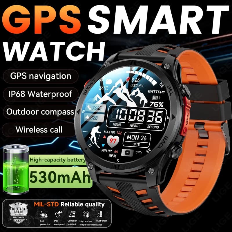 LIGE Military GPS Smartwatch Built-in GPS Compass 530mAh 1.46" HD Bluetooth Phone Calls Outdoors Sports Run Tracker Smart Watch