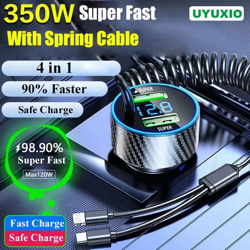 Caricabatterie per telefono da auto USB a doppia porta 4 in 1 tipo C con cavo retrattile adattatore di ricarica Super veloce per iPhone Samsung OPPO Huawei