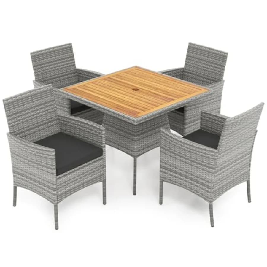 Set da Pranzo da Esterno in Rattan PE da 5 Pezzi con Tavolo e Sedie, Cuscini, Mobili da Giardino per Terrazzo, Giardino, Cortile, Grigio Nero Legno