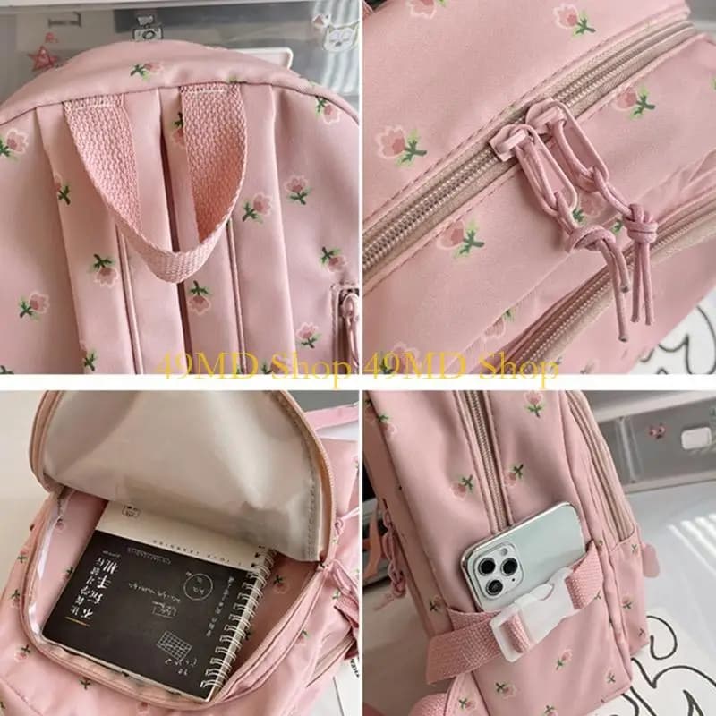 49MD Flower Print Backpack School Bag Travel Backpack Casual Daypacks Simple Knapsack