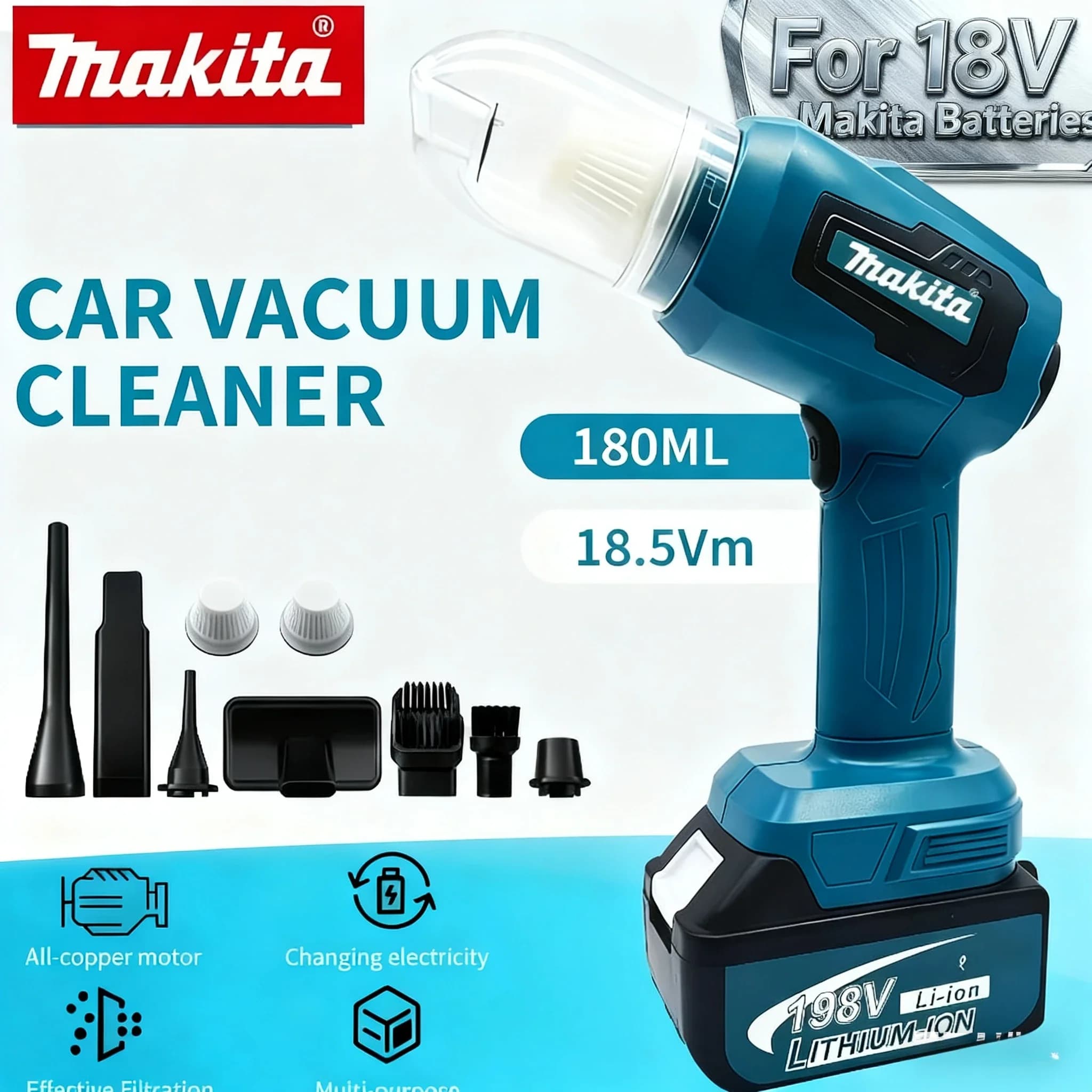 Makita per mini aspirapolvere per auto senza fili con batteria da 18 V, utensili elettrici ricaricabili portatili, raccolta polvere multifunzione