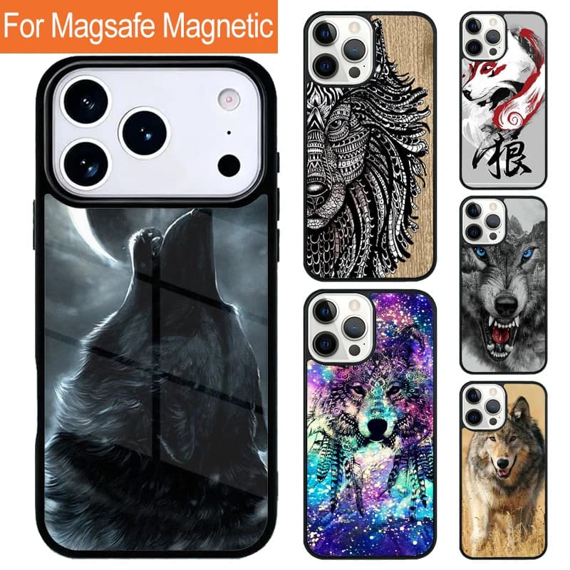 Cover Magnetica Wireless con Fantasia Animale Lupo per iPhone 17 Pro 16 15 13 12 11 Pro Max Air 14 Plus Compatibile Magsafe