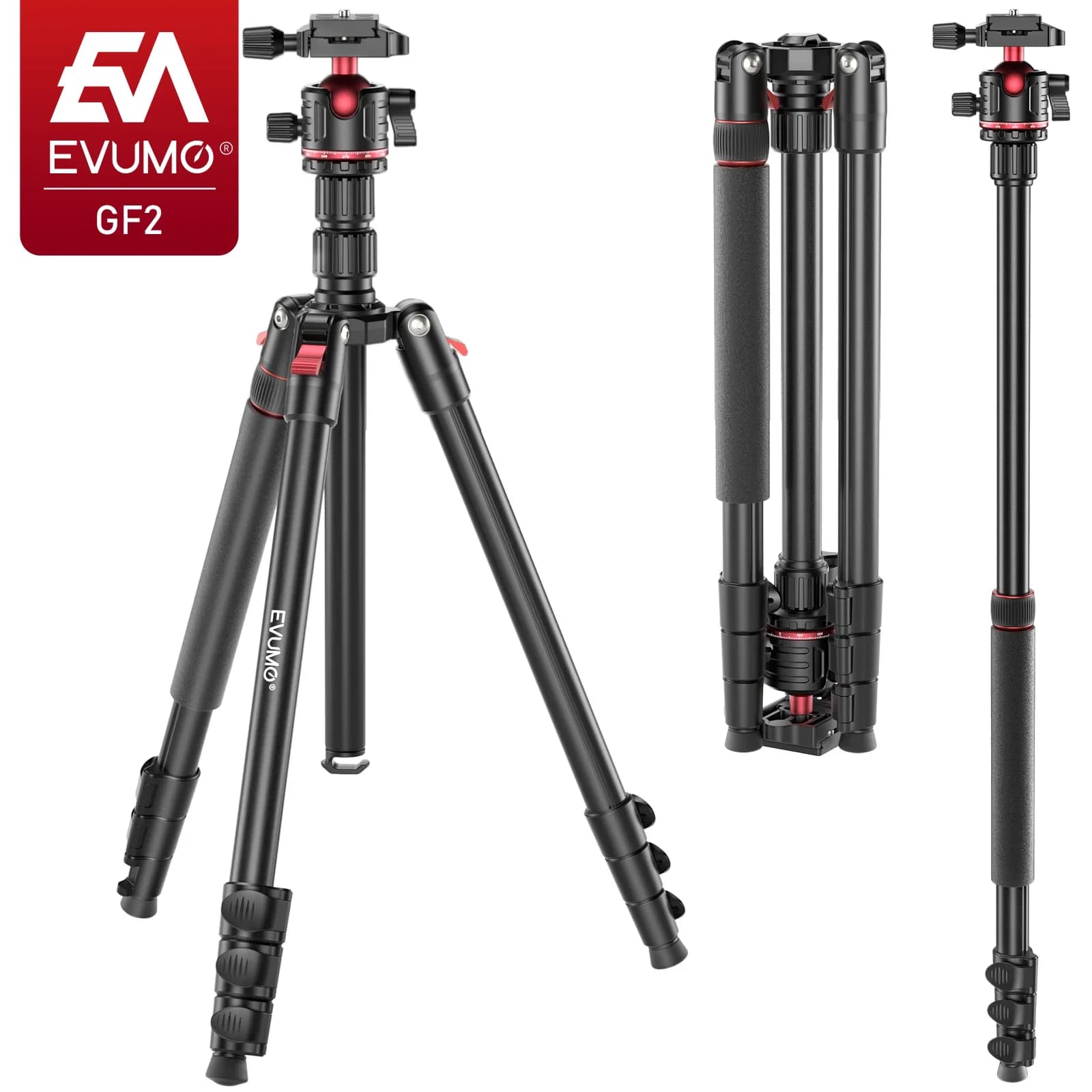 Treppiede da viaggio EVUMO GF2 1,73 M in lega di alluminio per fotocamera, telefono, supporto leggero con piastra Arca Swiss 360 ° Testa a sfera girevole con carico da 8 kg