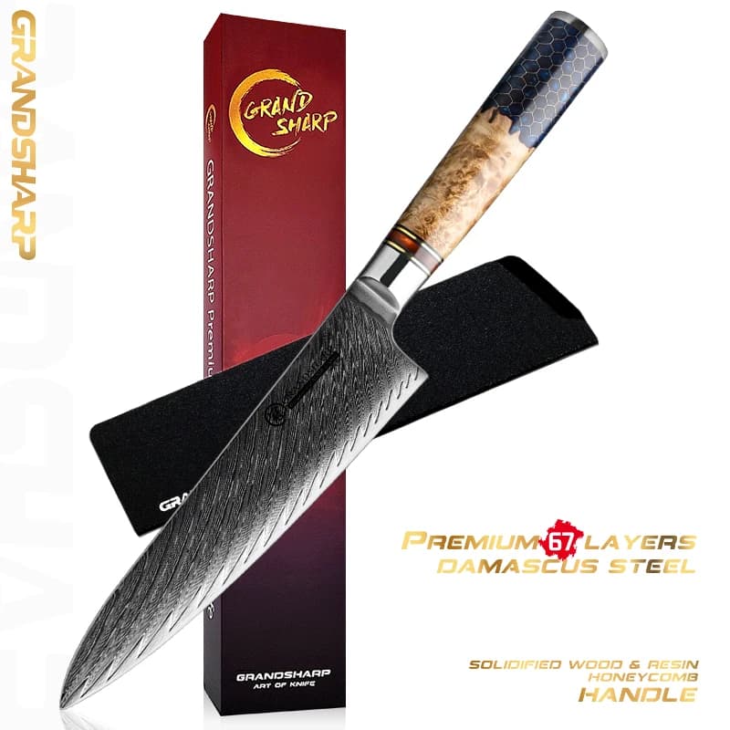 7.5 inch damask chef knife AUS-10 Japanese stainless steel kitchen knife Gyuto salmon Sashimi cutlery knives GRANDSHARP