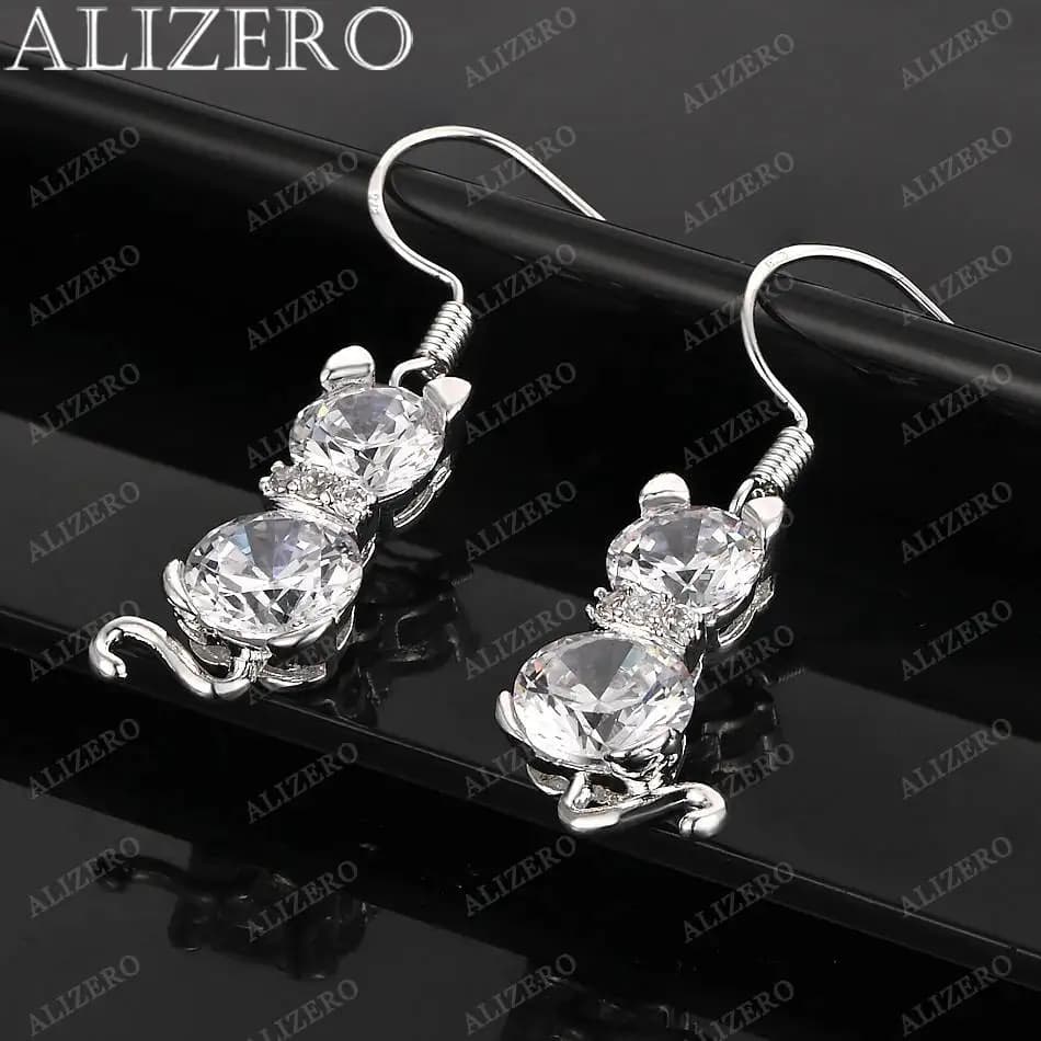 Orecchini pendenti a forma di gatto in argento sterling 925 con zirconi brillanti per donna, gioielli di lusso per matrimoni, feste, regalo elegante.