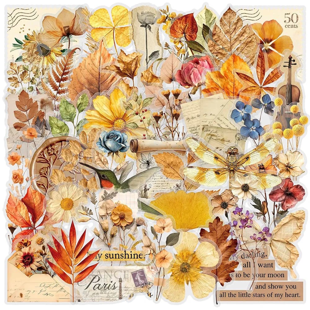 10/30/50pcs Transparent Retro Art Dried Plant Flowers Stickers Aesthetic Graffiti Decals DIY Notebook Guitar Decoration Sticker