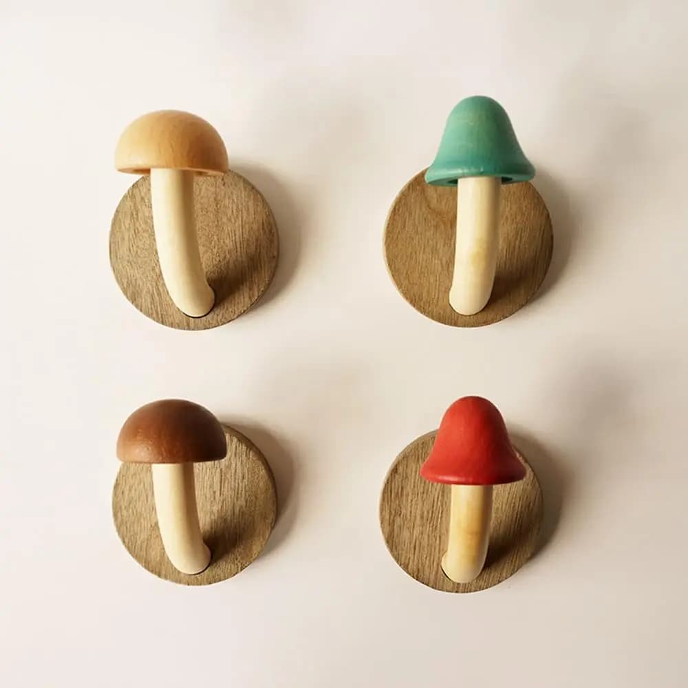 Ganci appendiabiti a forma di fungo in legno, porta asciugamani da parete, legno massello, colorati, set di ganci con viti (4 ganci e 8 viti)