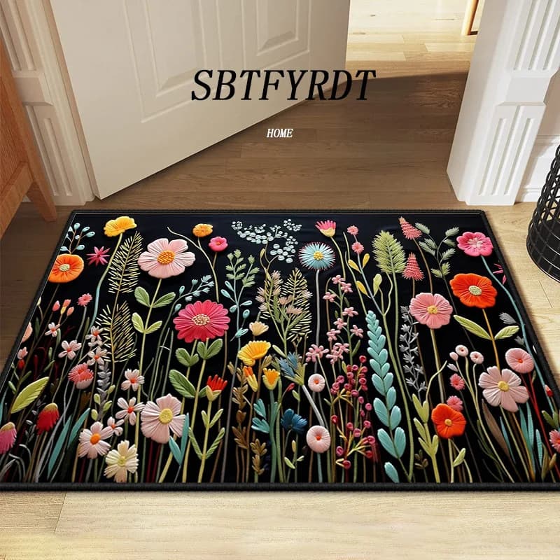 VIKAMA Tappeto con illustrazioni floreali Decorazione domestica, Tappetino per porta, Tappetino antiscivolo per bagno, Morbido, confortevole e resistente allo sporco