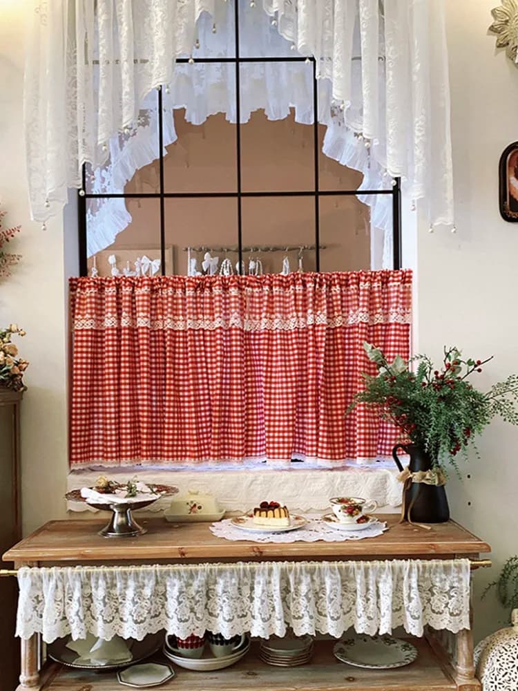 English Style Countryside Grid Curtains for Living Room Bedroom Small Kitchen Decoration Half Short Curtain Partition Door