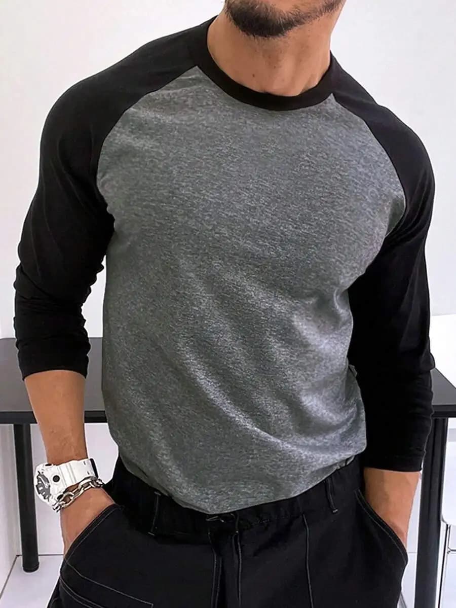 T-Shirt da Uomo Taglie Forti con Collo Rotondo e Maniche Raglan a Manica Lunga