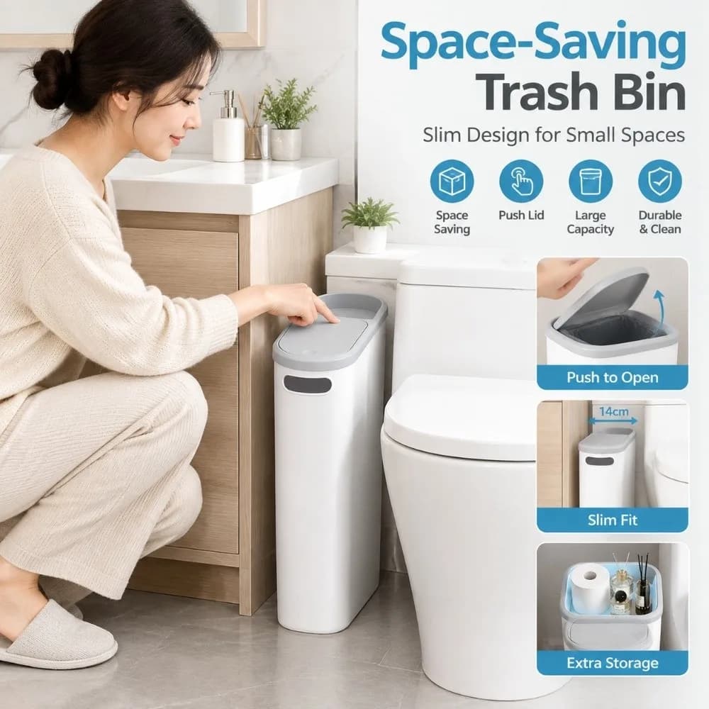 Slim Narrow Gap 10L Home Trash Can with Lid Large Capacity Bathroom Garbage Bin Waterproof Odor-Free Living Room Dustbin