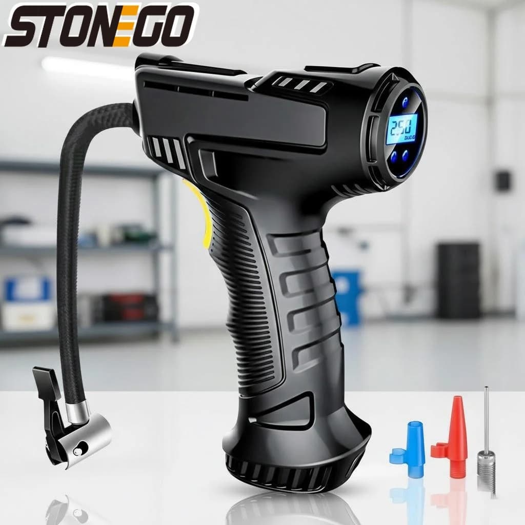 Compressore d'aria portatile wireless per pneumatici auto, ricaricabile USB, con display LED e sistema automatico di monitoraggio della pressione