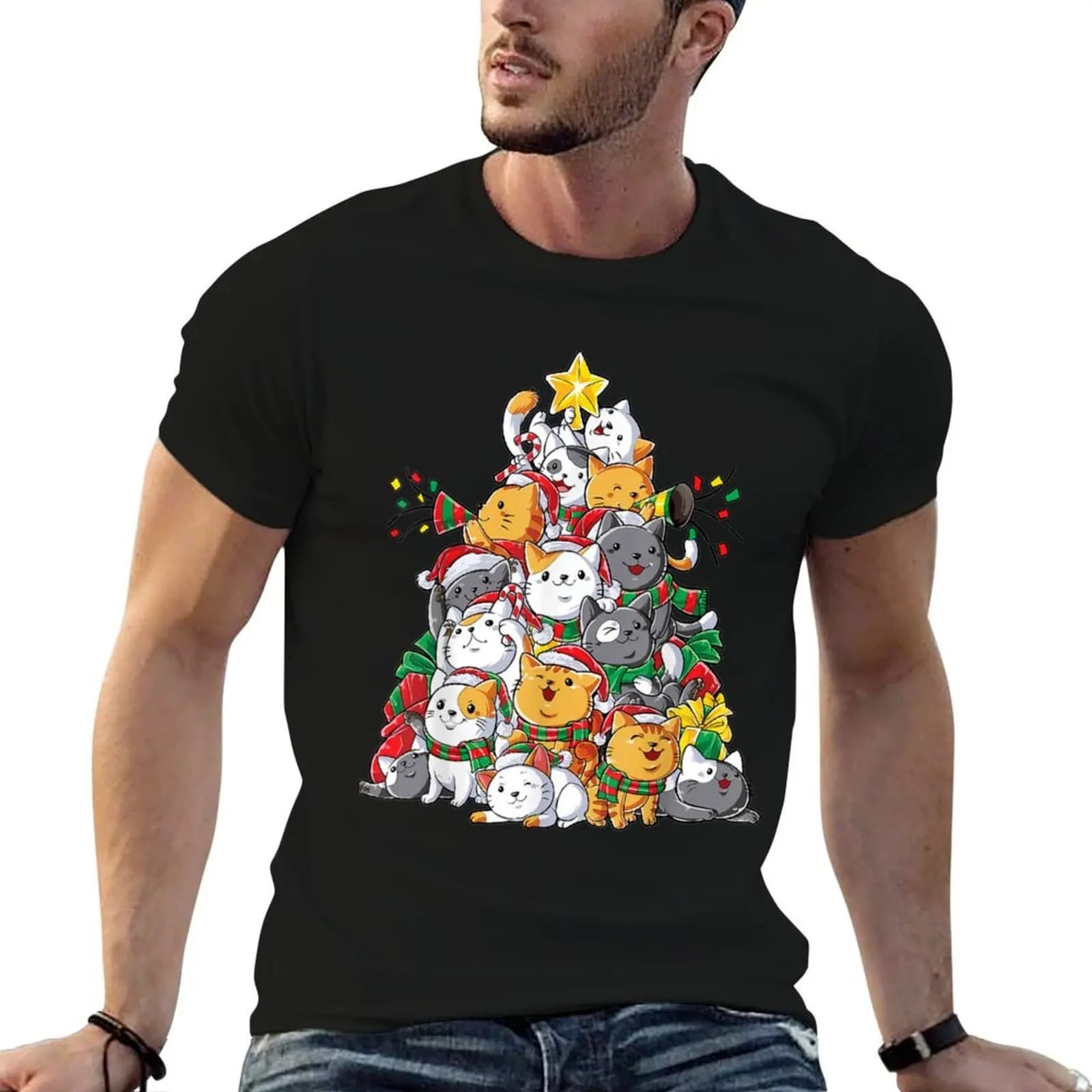 Cat Christmas Tree Meowy Catmas Xmas T-shirt da uomo, t-shirt grafica, t-shirt anime, t-shirt da uomo di lusso