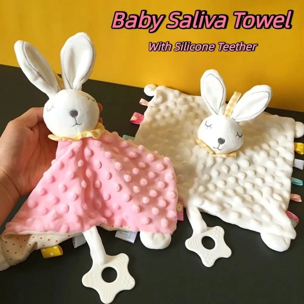 Piumino Sicurezza del bambino Asciugamano lenitivo Giocattolo coccole Massaggiagengive in silicone Asciugamano per saliva neonato Coniglio di peluche