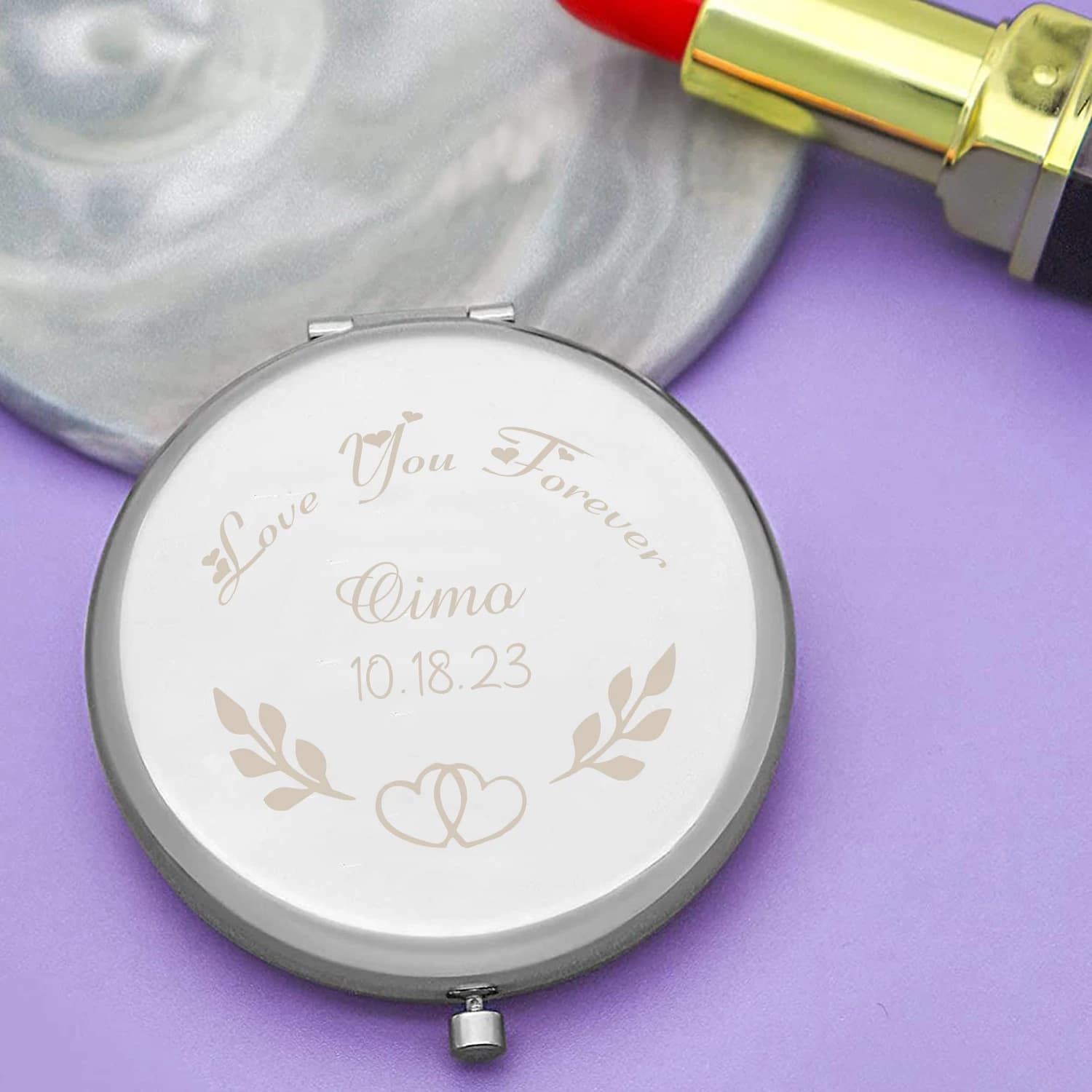 1PC Beauty Love Together Nome personalizzato Data Incisione Specchio pieghevole in metallo per matrimonio Sposa Damigella d'onore Fidanzata Moglie Regalo