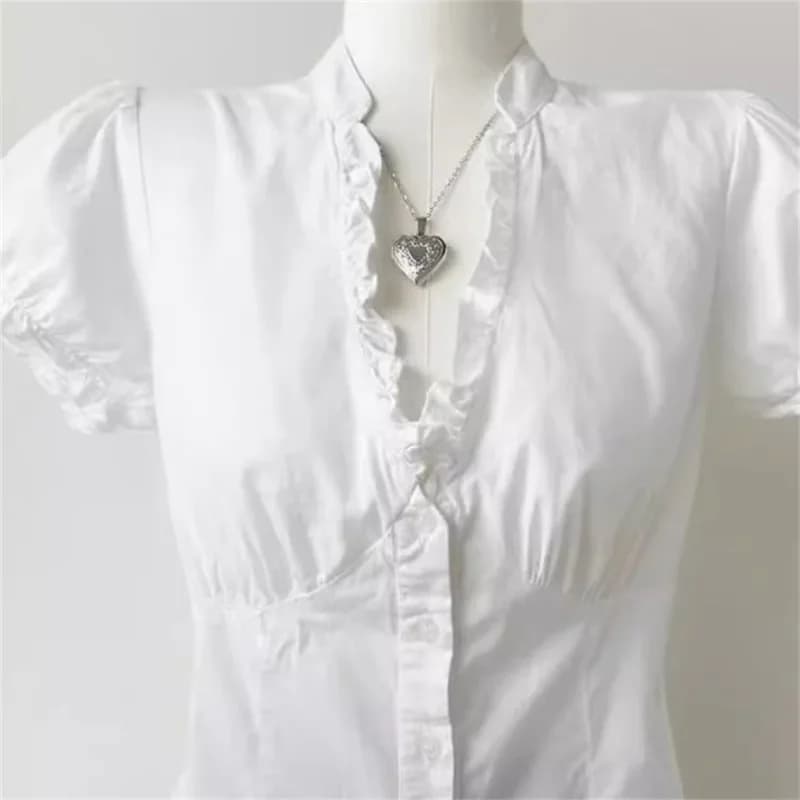Camicette Crop alla Moda Coreana, Top Estivi Slim Stile Preppy Giapponese, Camicie Bianche Basic da Donna con Volant, Eleganti con Scollo a V e Maniche Corte