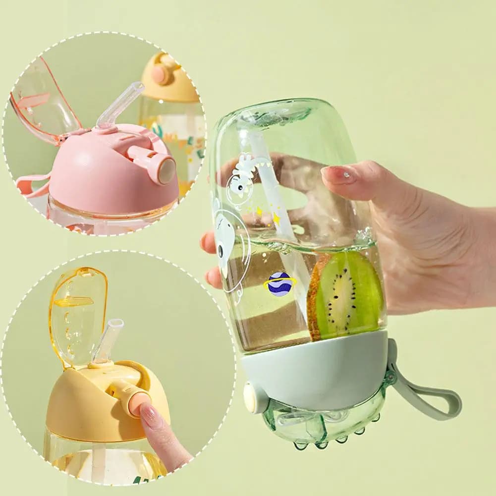 Tazza da bere portatile da 500ml con dinosauro del fumetto (con cannuccia e coperchio) tazza spaziale pratica tazza bottiglia d'acqua per bambini all'aperto a prova di goccia