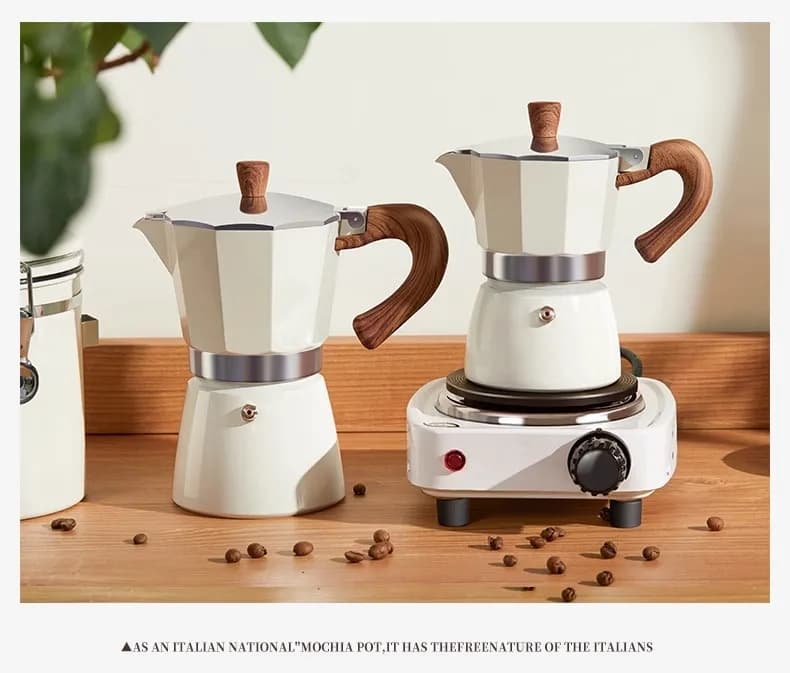 Moka Pot with Wood Grain Handle Stovetop Espresso Coffee Maker for Gas Stove Electric Ceramic Cooker Coffee Accessory