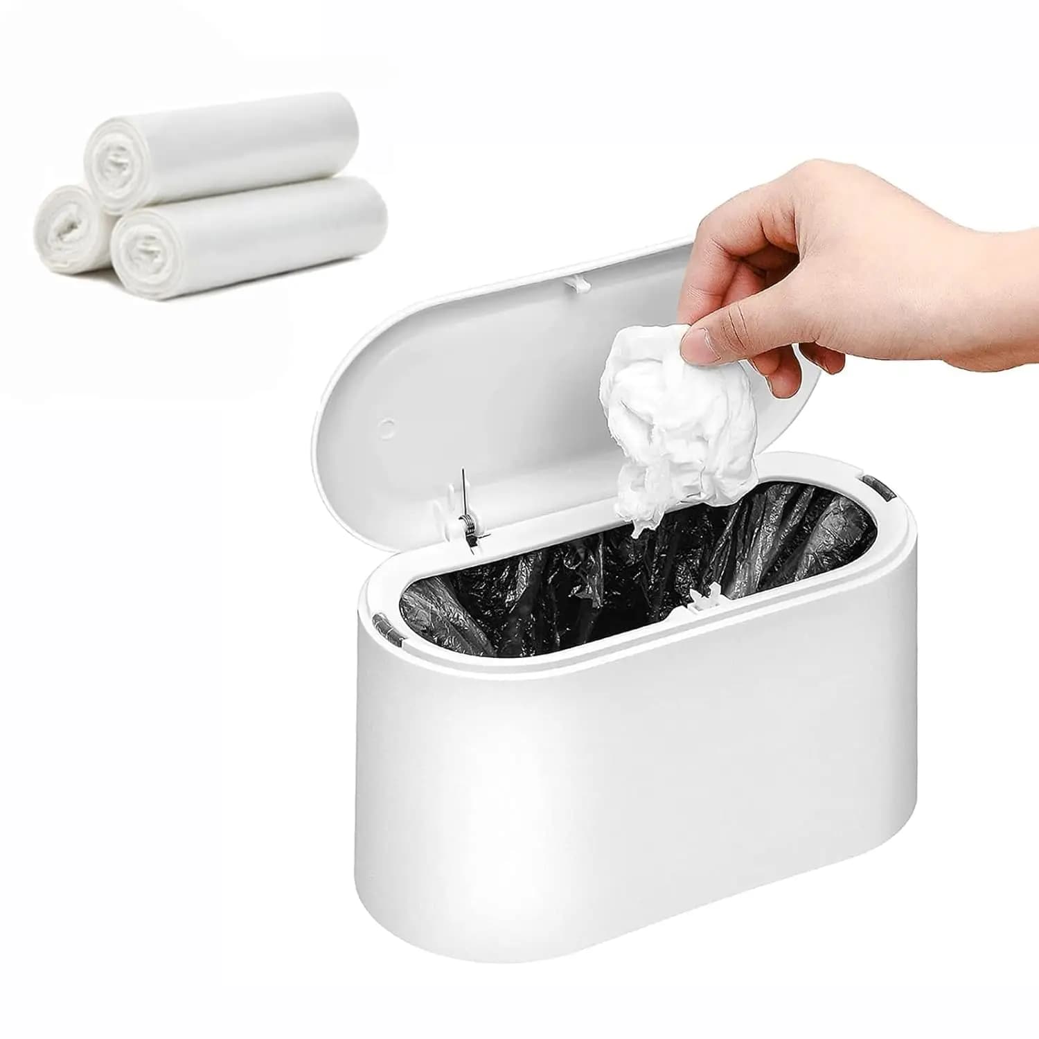Cestino da scrivania compatto con coperchio, piccolo contenitore per rifiuti per ufficio e bagno, include 3 sacchetti