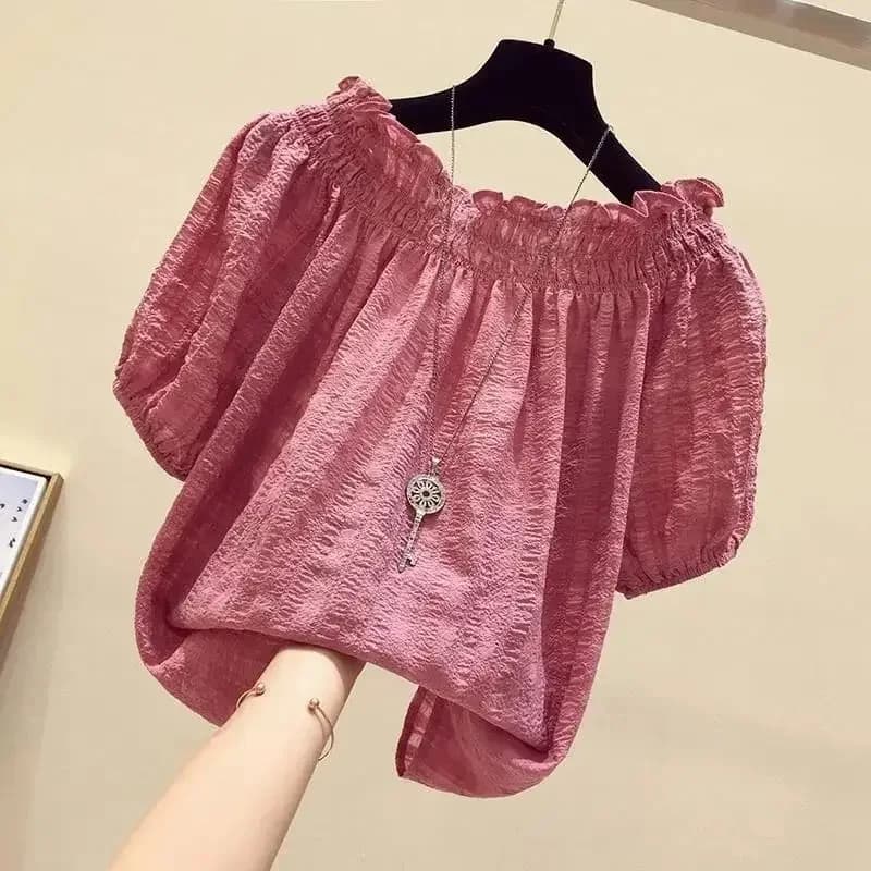 Pink Red casual slash neck sleeve pullover in chiffon blouse women's shirt clothing women's top fashion shirts short 2024