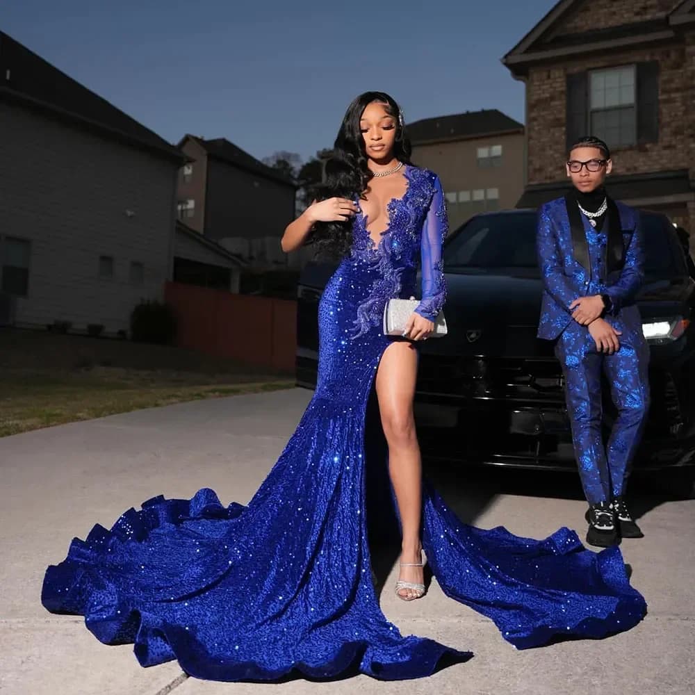 Lussuoso nuovo scintillante blu royal sirena con decalcomania di cristallo abito da ballo sexy scollo a V diviso tappeto rosso T-Stage Party Dress personalizzato