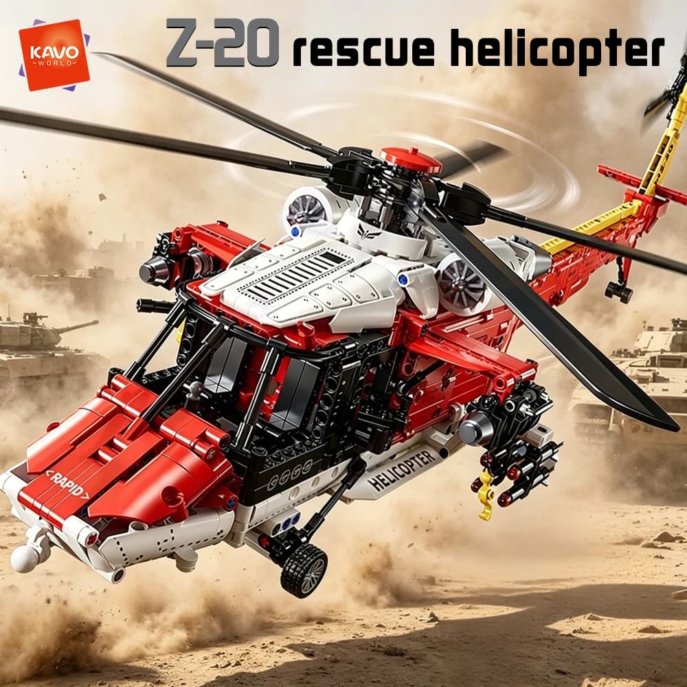 KAVOWORLD MOC 1528 pz Z-20 Elicottero di Soccorso Rosso Fantastico, Mattoncini Educativi per Costruzioni, Modellino di Aereo Fai-da-te, Giocattolo da Assemblare, Regalo
