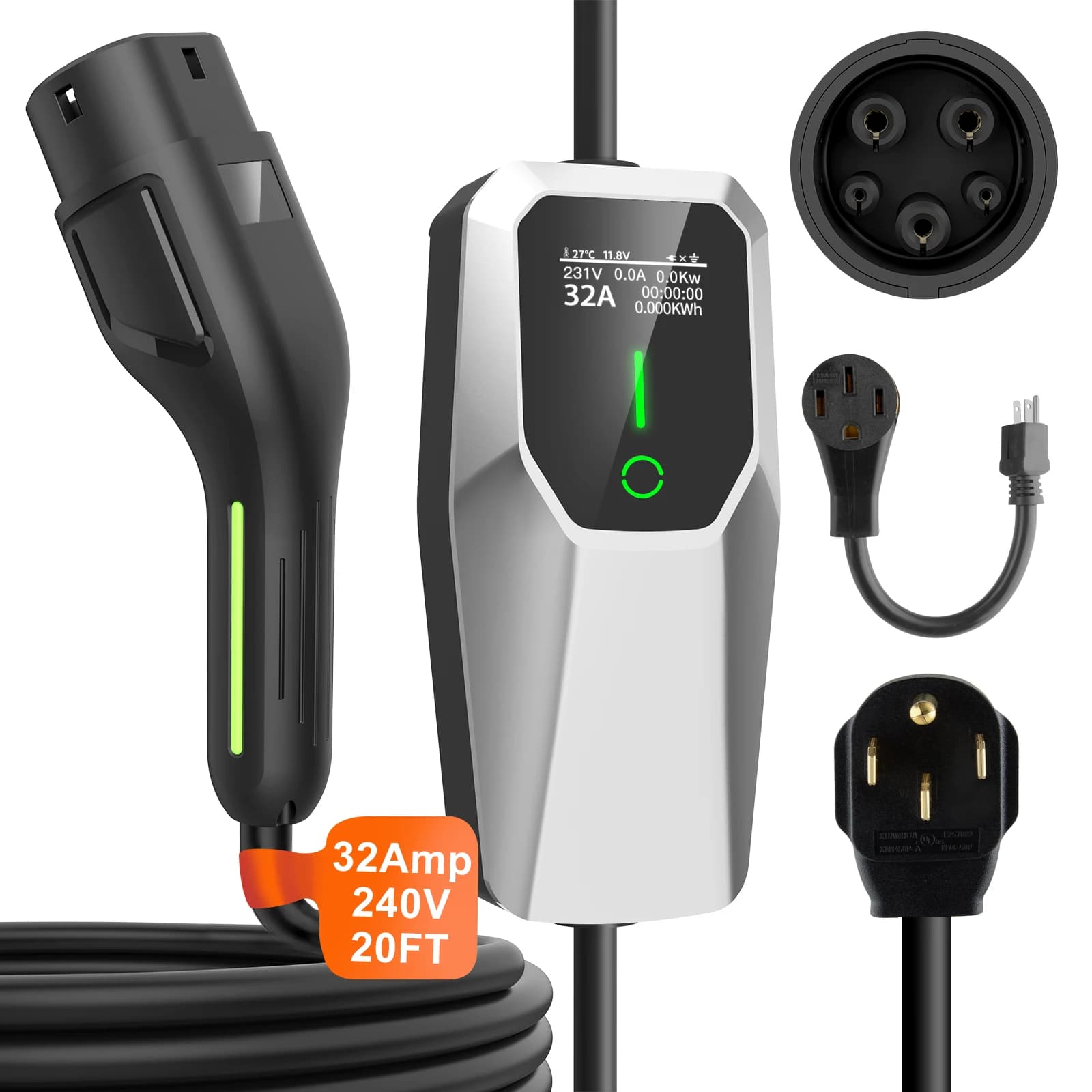 Junsun 32A EV Charger Level 1&2 110V-240V Portable Electric Vehicle Charging Station with 20FT Cable, Smart Adjustable Current EVSE Home Car Charger, NEMA 14-50P & 5-15P Plug Compatible with SAE J1772 Electric Vehicles, Indoor Outdoor Travel Charging