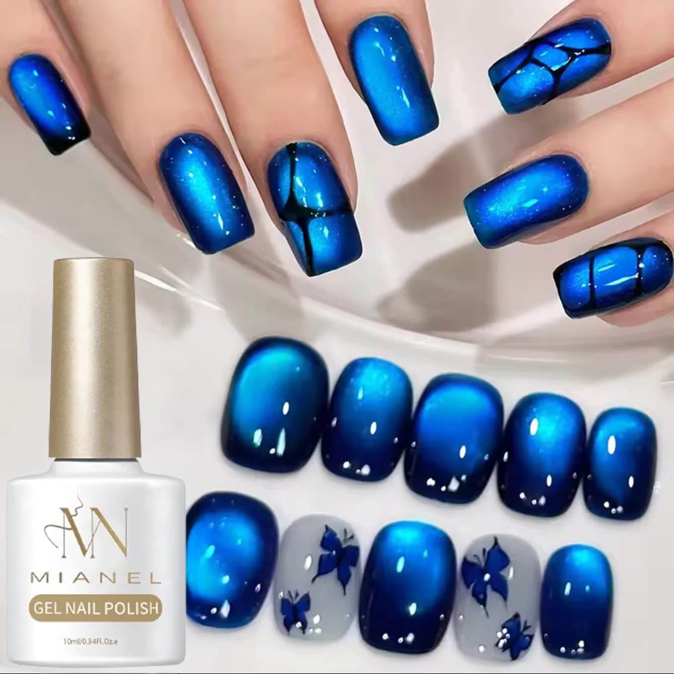 10ML 1PCS Smalto Gel Magnetico Blu Profondo Effetto Occhio di Gatto con Perline di Vetro, Vendita Calda, Adatto per Unghie dei Piedi