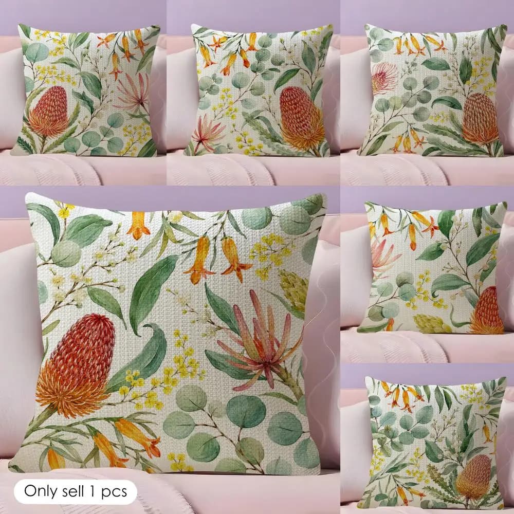 Fodera per cuscino floreale australiano in acquerello, in lino naturale, stampa fronte-retro, per divano e decorazioni per la casa