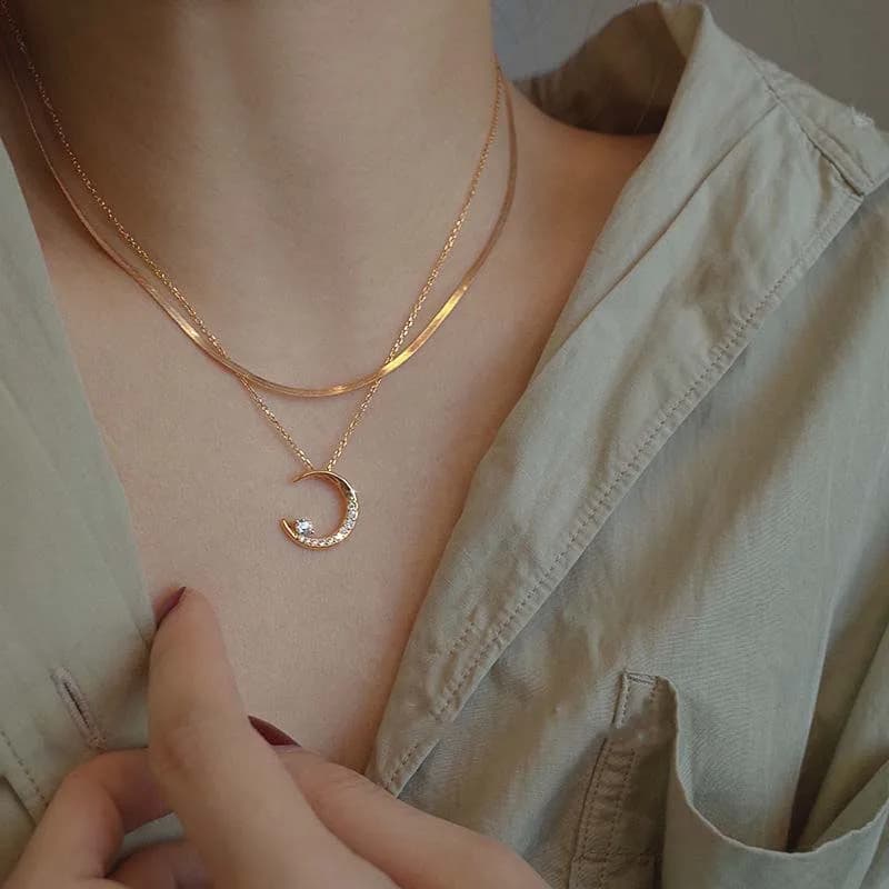 14K Gold Plated Thin Sparkle Chain Micro Pave CZ Moon Star Pendant Necklace for Women, Dainty Minimal Night Sky Collarbone Jewelry, Wedding Bridal Soft Daily Stackable Delicate Necklace