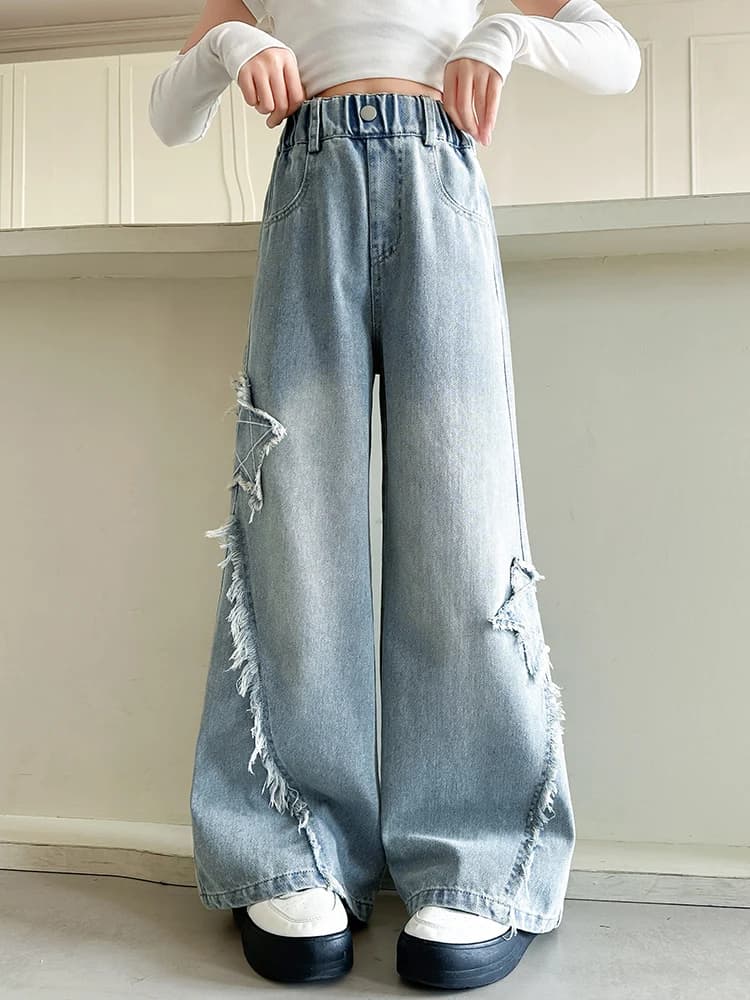 Jeans a Gamba Larga Primaverili alla Moda per Ragazze, Abbigliamento per Bambine, Pantaloni Casual per Studentesse con Vita Elastica e Chiusura a Bottoni