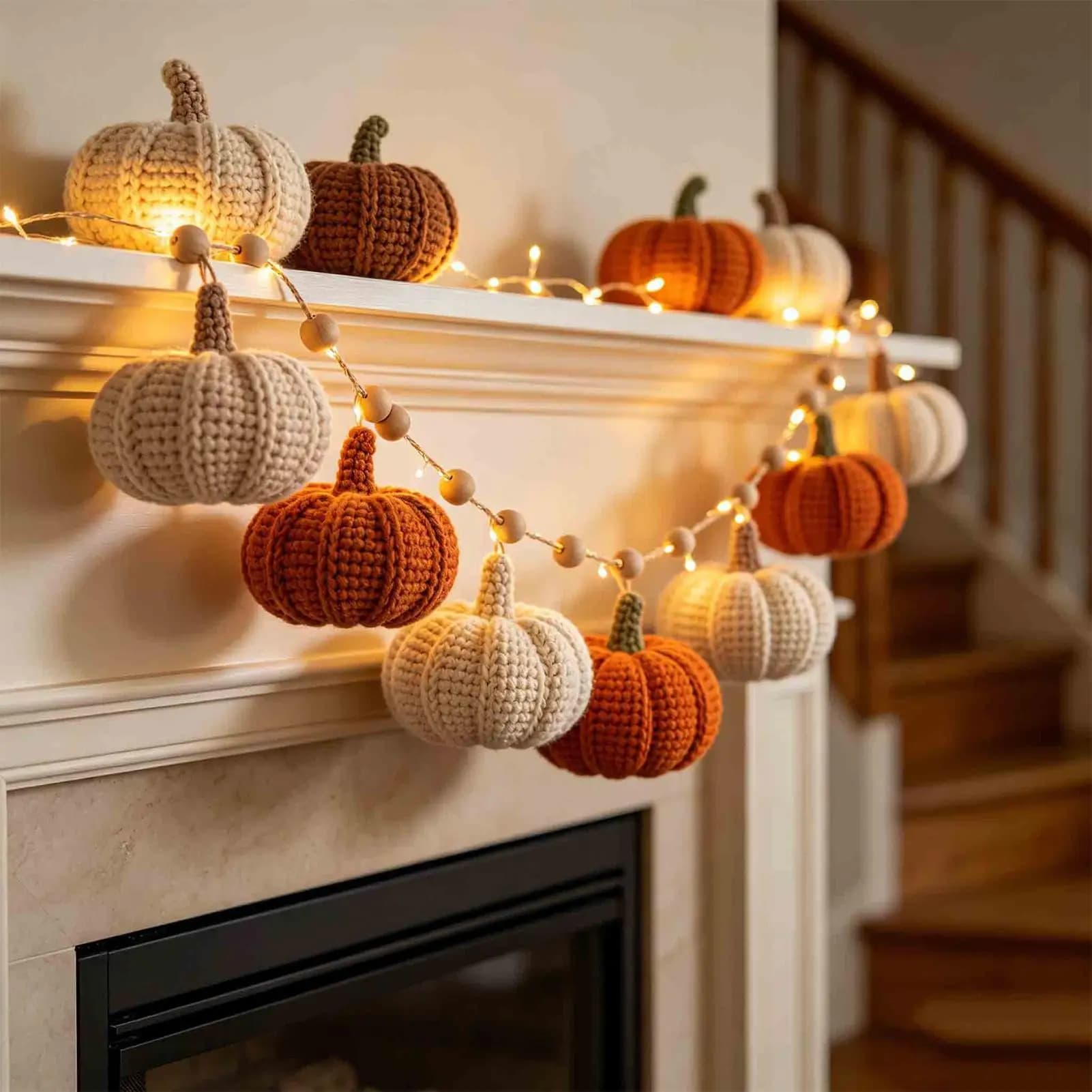 Halloween Lights Indoor Fireplace Farmhouse Crochet Autumn Garland Decor Pumpkin Lights String For Outdoor Holiday Farmhouse
