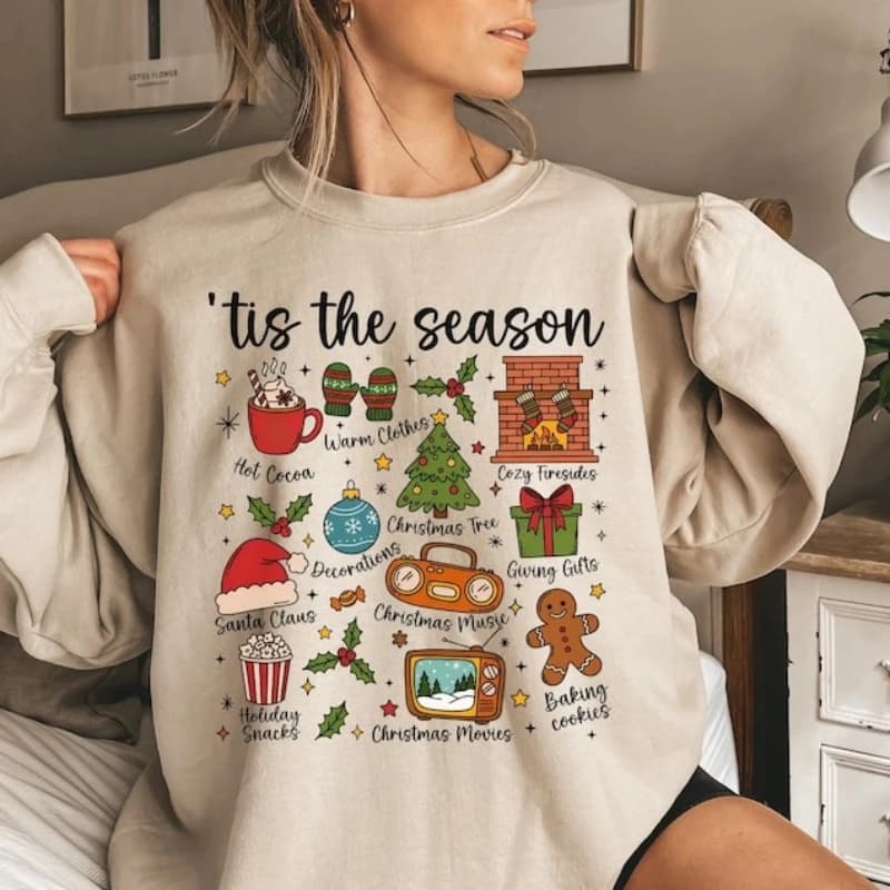 Tis The Season Sweatshirt Merry Christmas Shirt Cute Winter Thermal Hoodie Sweatshirt Long Sleeve Cartoons Tracksuit Pullove