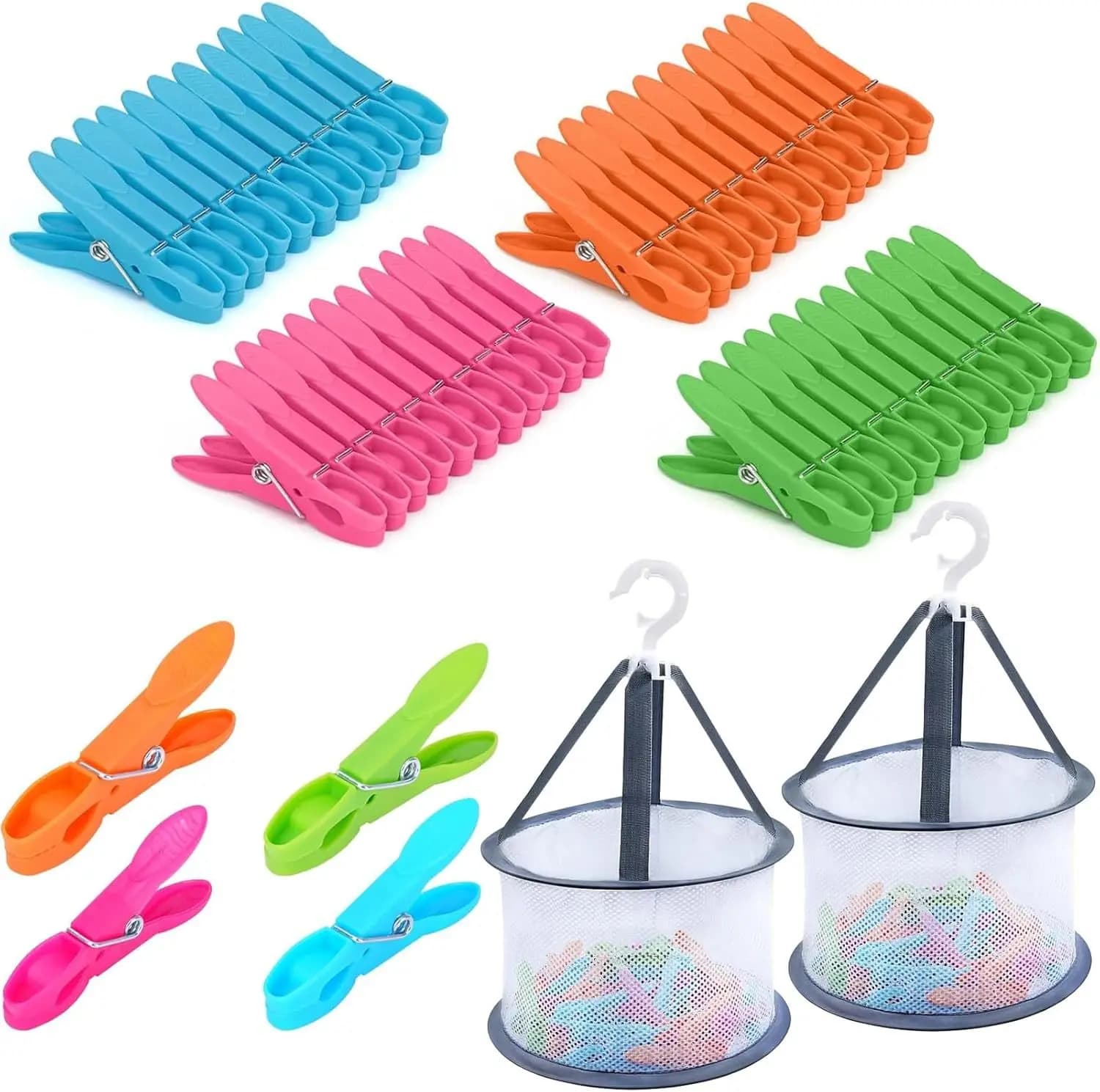 diSet of 48-piece laundry clipsconwith 2 grey mesh bags, windproof clip for delicate, socks - Pins for versatile hanging with glove holders