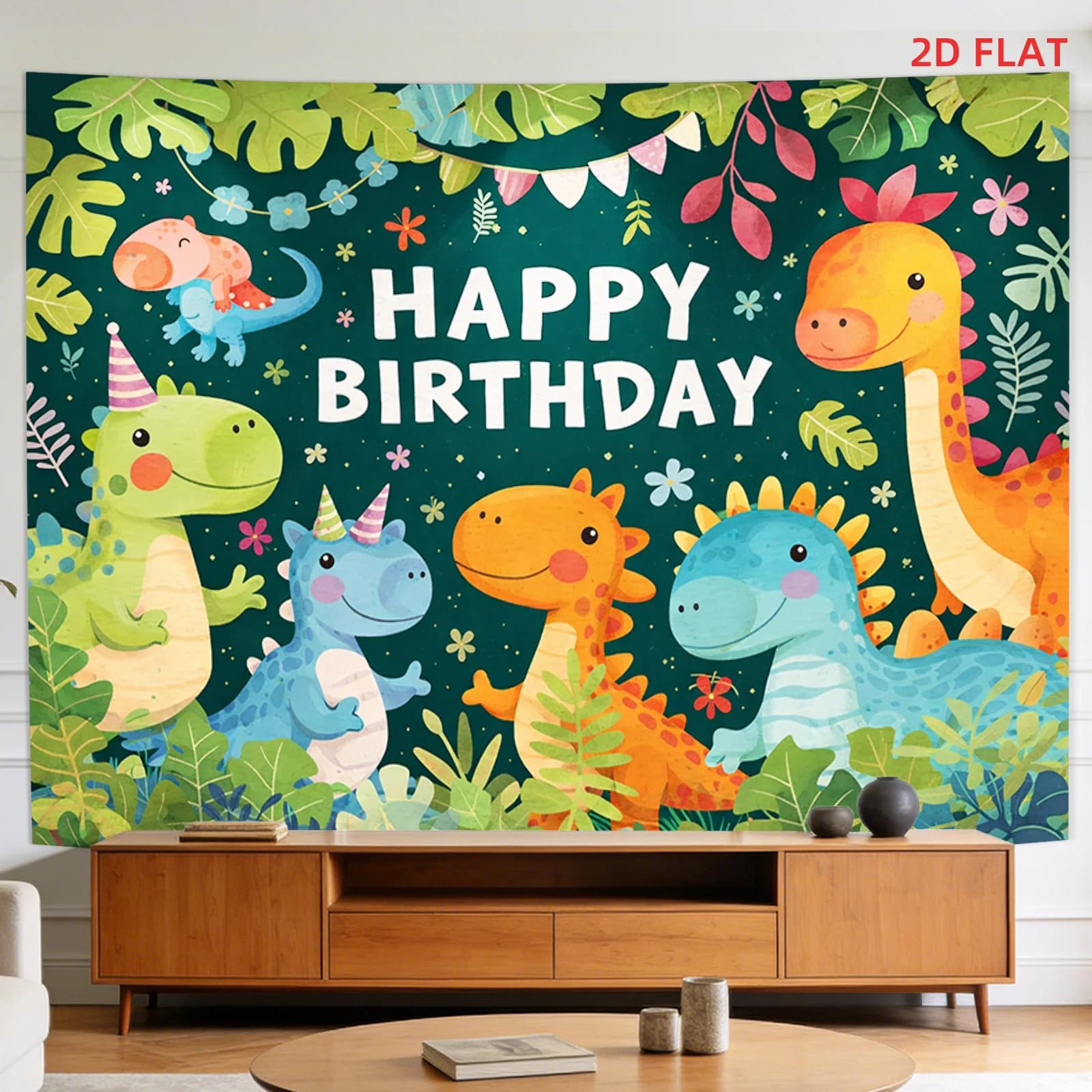 Dinosaur Birthday Tapestry Polyester Wall Hanging Five Dinosaurs Party Hats Bunting Living Room 180x280cm