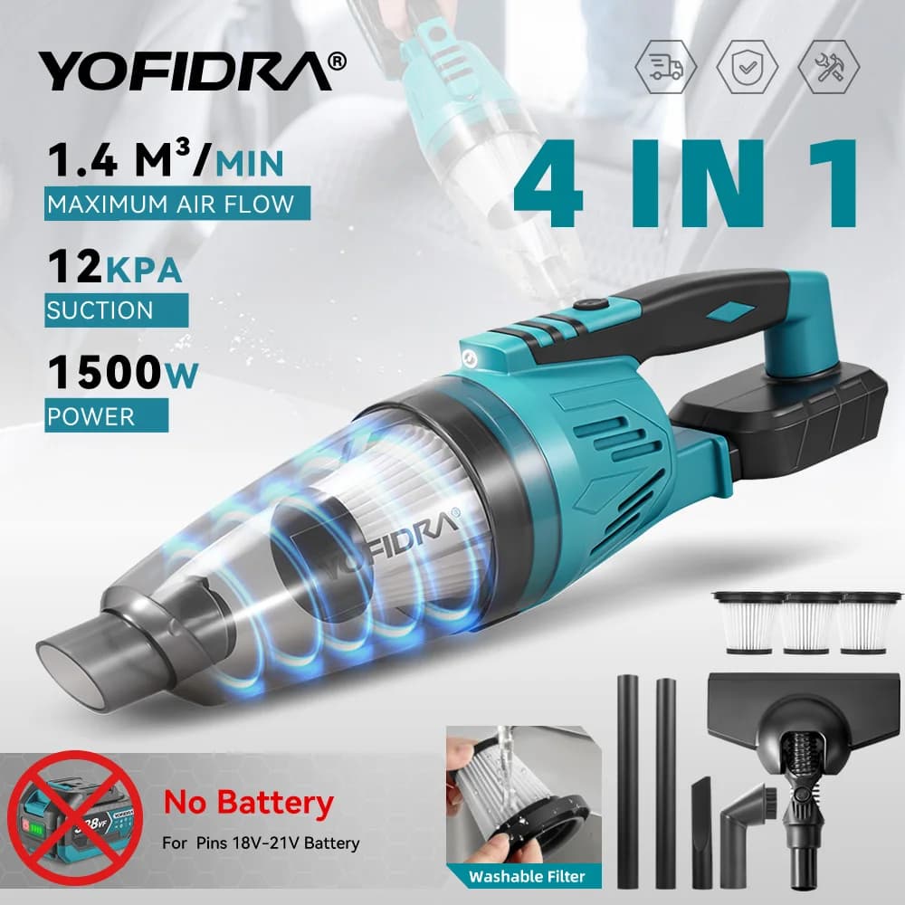 YOFIDRA 1500W 12KPA Aspirapolvere Elettrico 4IN1 Aspirapolvere Senza Fili Strumenti di Pulizia Dell'automobile di Casa con 3 pz Filtro Per Makita Batteria Spille