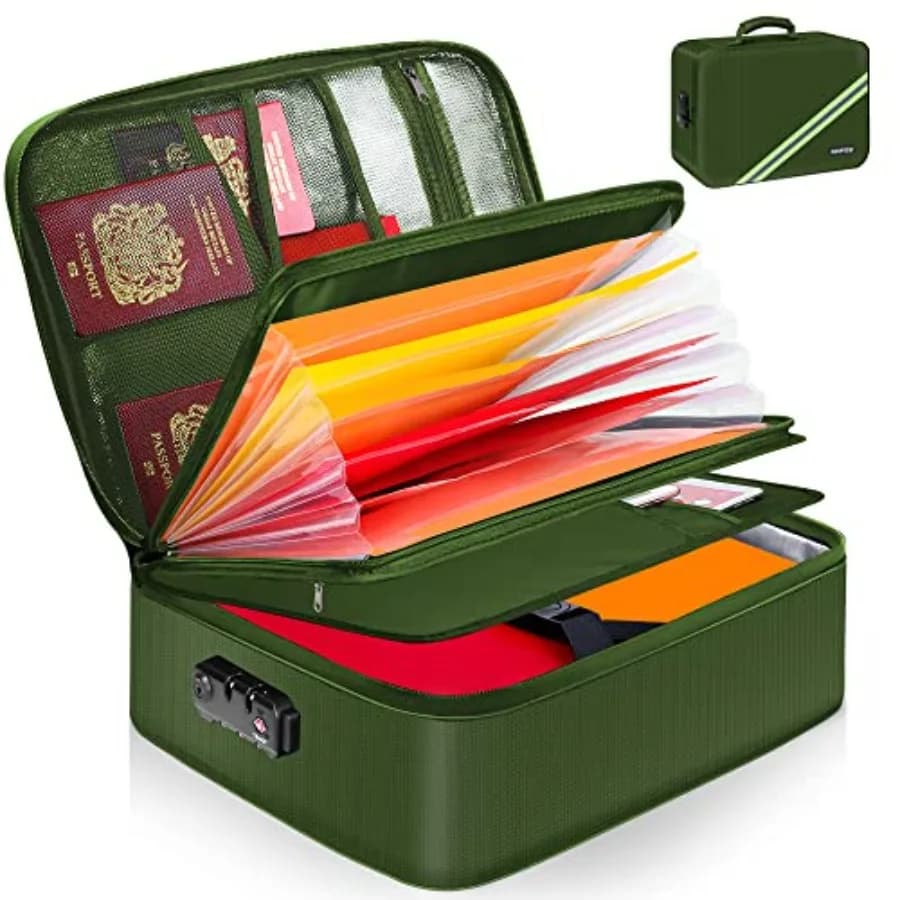 Organizzatore di Documenti Importanti, Scatola Portadocumenti Impermeabile e Ignifuga con 7 Tasche, Cartella Portatile per Archiviazione Sicura a Casa