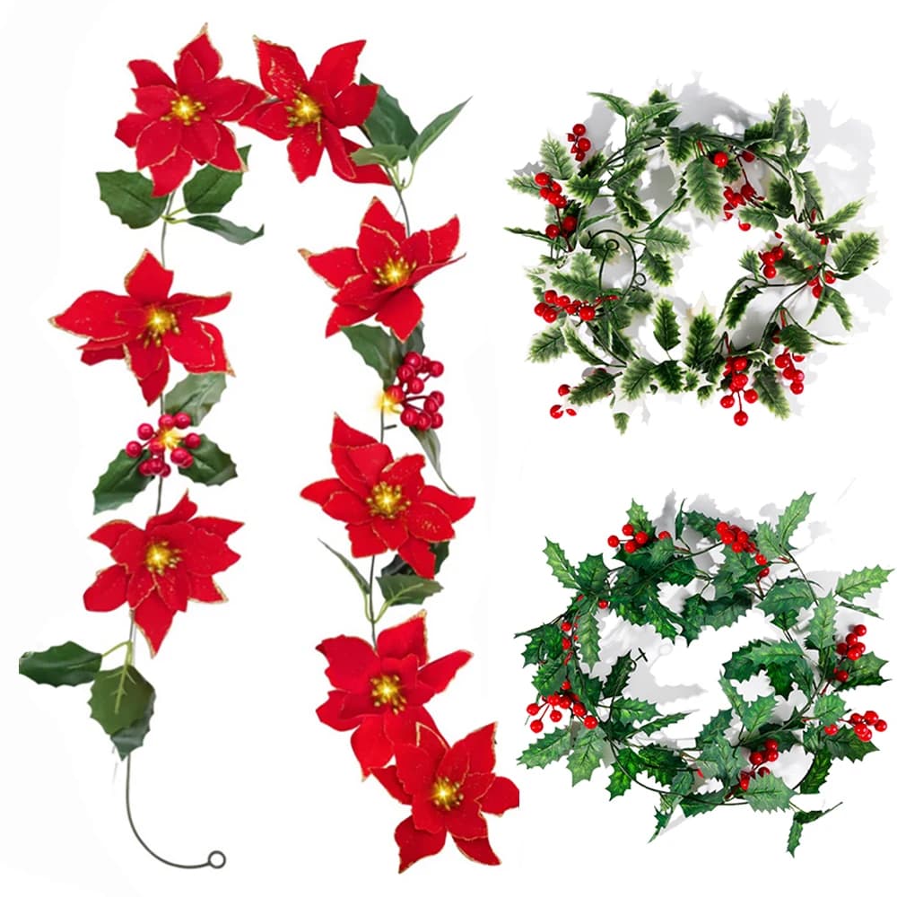 2M christmas artificial holly leaves screw garland lighting string christmas tree ravine of Rattan for supplies for decorations for Christmas party DIY