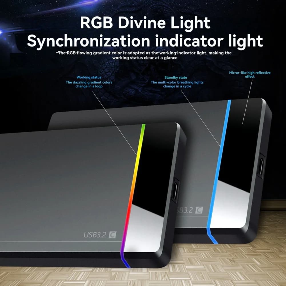 AED7-2.5 pollici HDD/SSD Tipo-C RGB Custodia SATA a USB3.2 Gen1 5Gbps HD Custodia per disco rigido esterno senza attrezzi
