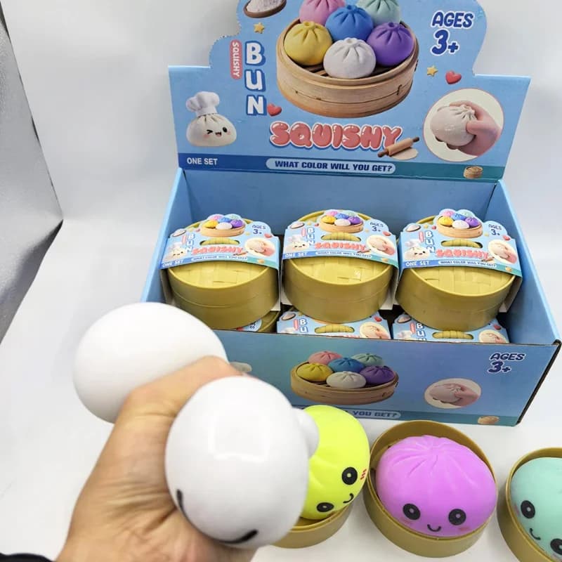 New Colorful Dumpling Squishes Stress Ball Fidget Sensory Toy Simulation Food Squishies Bun with Steamer Squeeze Dough Ball Gift