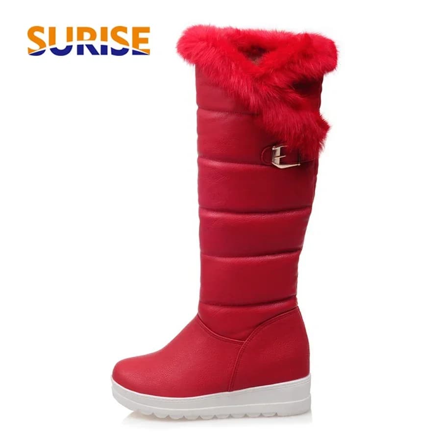 Red Winter Women Warm Fur Knee-high Snow Boots Red Black Thick Plush Round Toe Buckle Lady Height Increasing Platform Long Boots