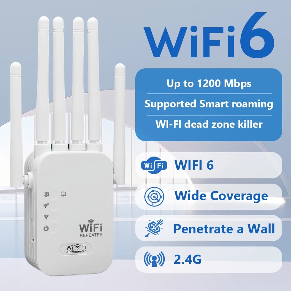 1200Mbps 2.4Ghz 360° Full Coverage WiFi Extender Dual Band 5G Network Range Signal Booster Amplifier 6A Wireless WiFi Repeater