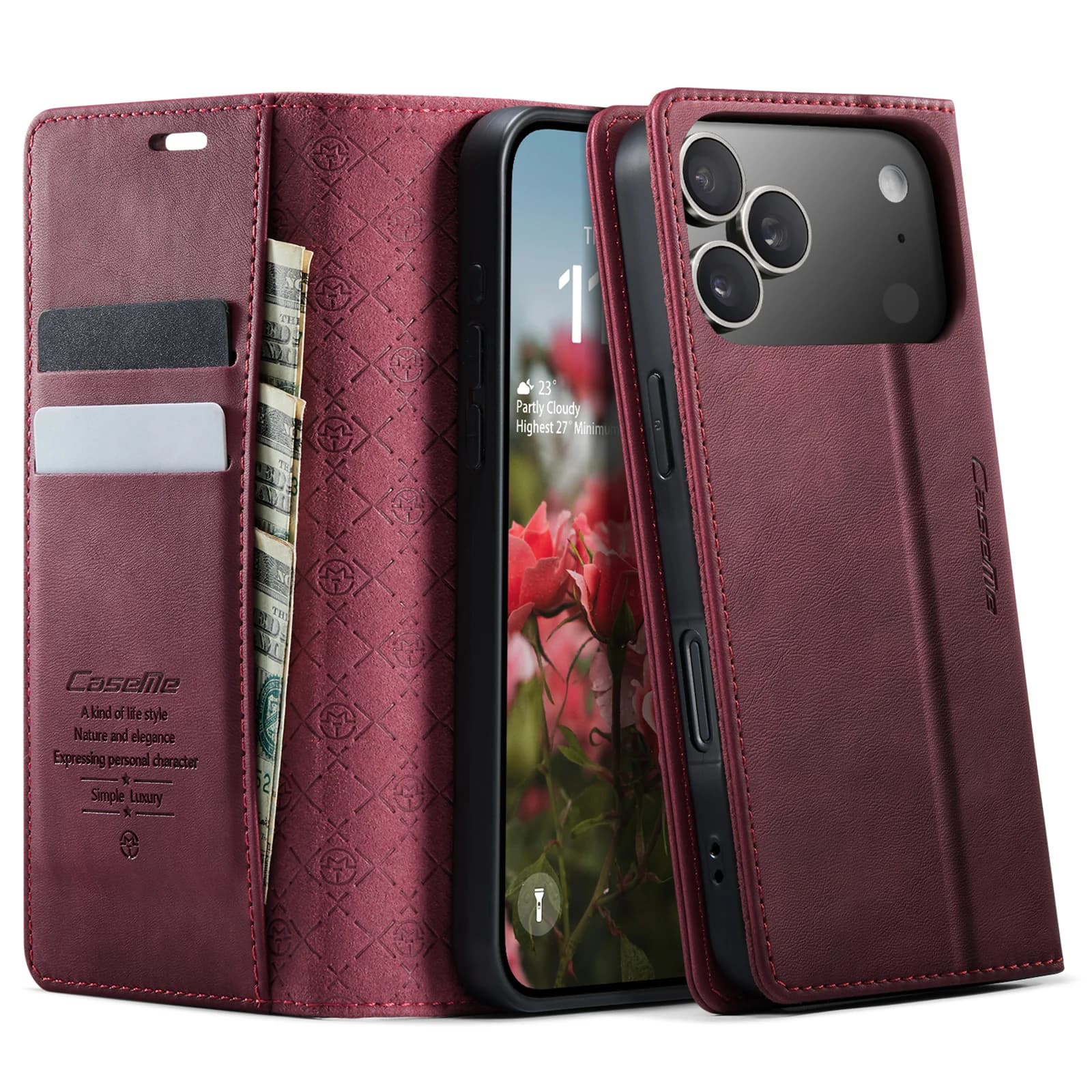 Per iPhone 17 Pro Custodia CASEME 033 Serie Portafoglio con blocco RFID Custodia per telefono in pelle con texture di vitello - Rosso