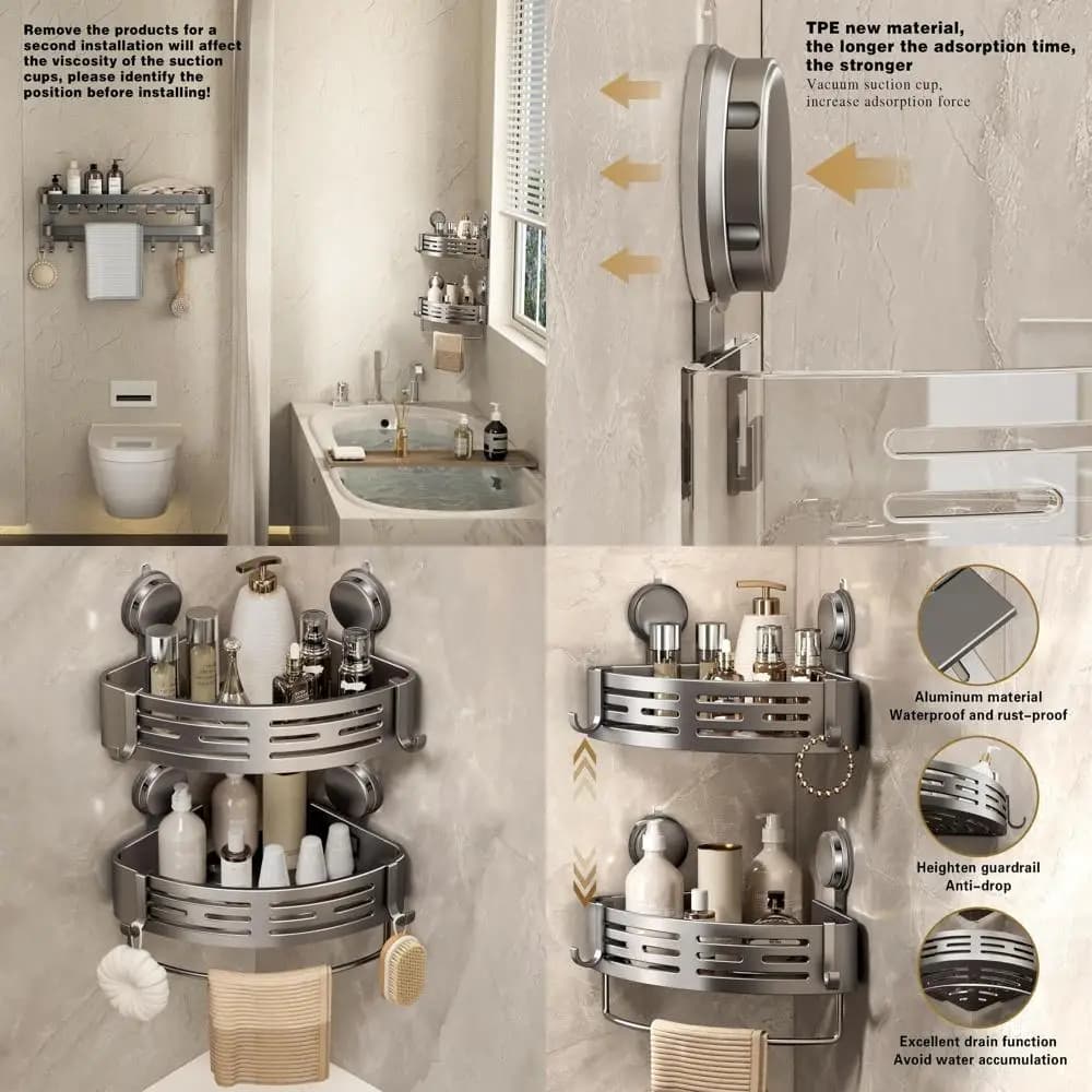 Portaoggetti per doccia adesivo con ventose, portaoggetti da bagno senza trapano, confezione da 2, grigio opaco, include ganci per asciugamani