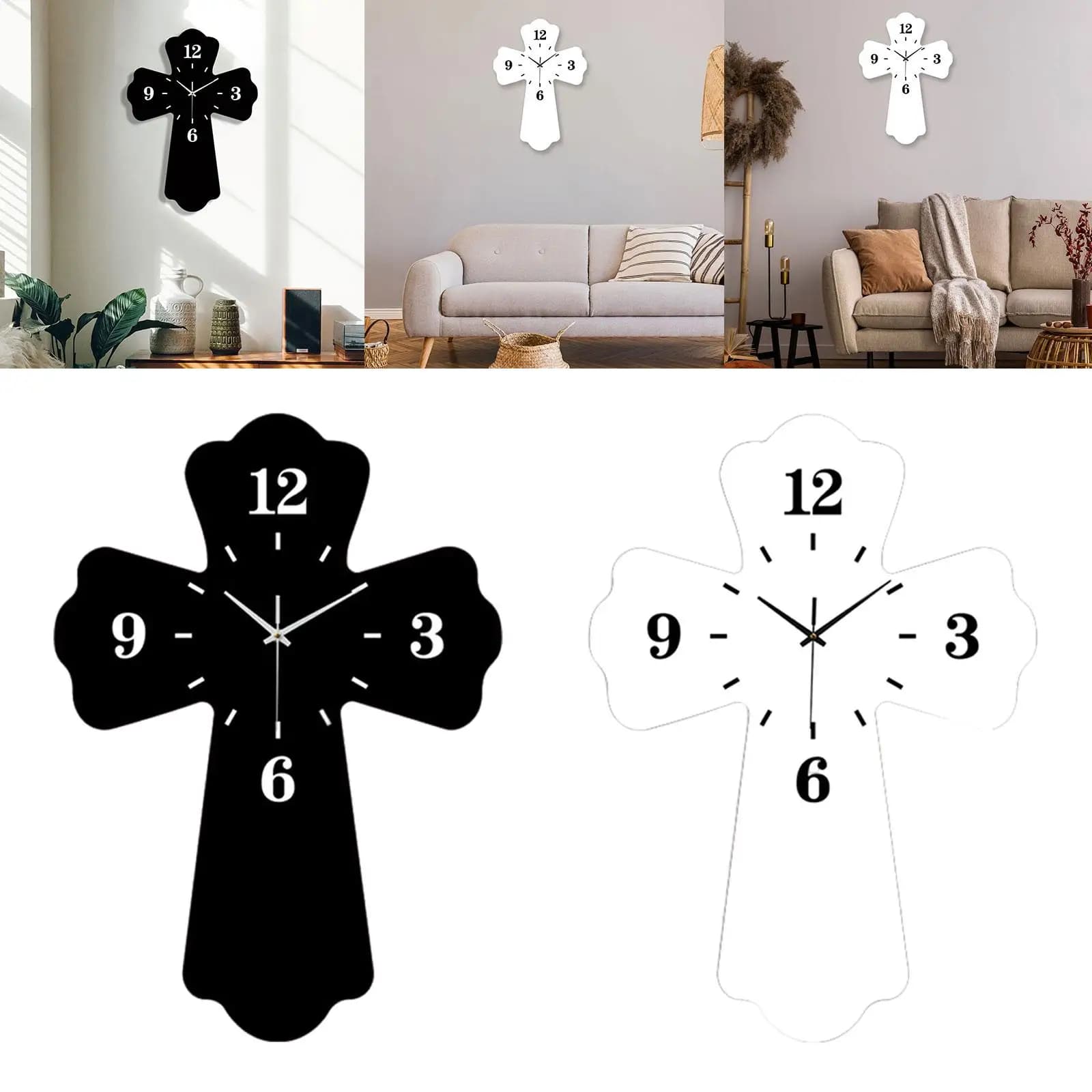 Wall Clock Cross, Ideal Gift, House Furnishing Ornament, Modern Wall Art, Quiet Without Ticking for Kitchen, Bathroom, Office, Room, Shop